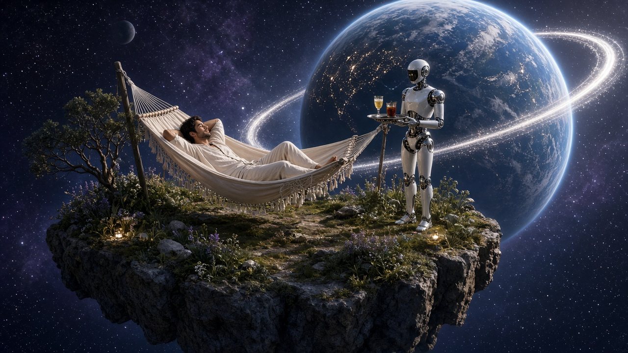 A robot fanning someone relaxing in a hammock above Earth